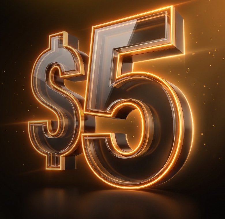 3D $5 sign glowing orange