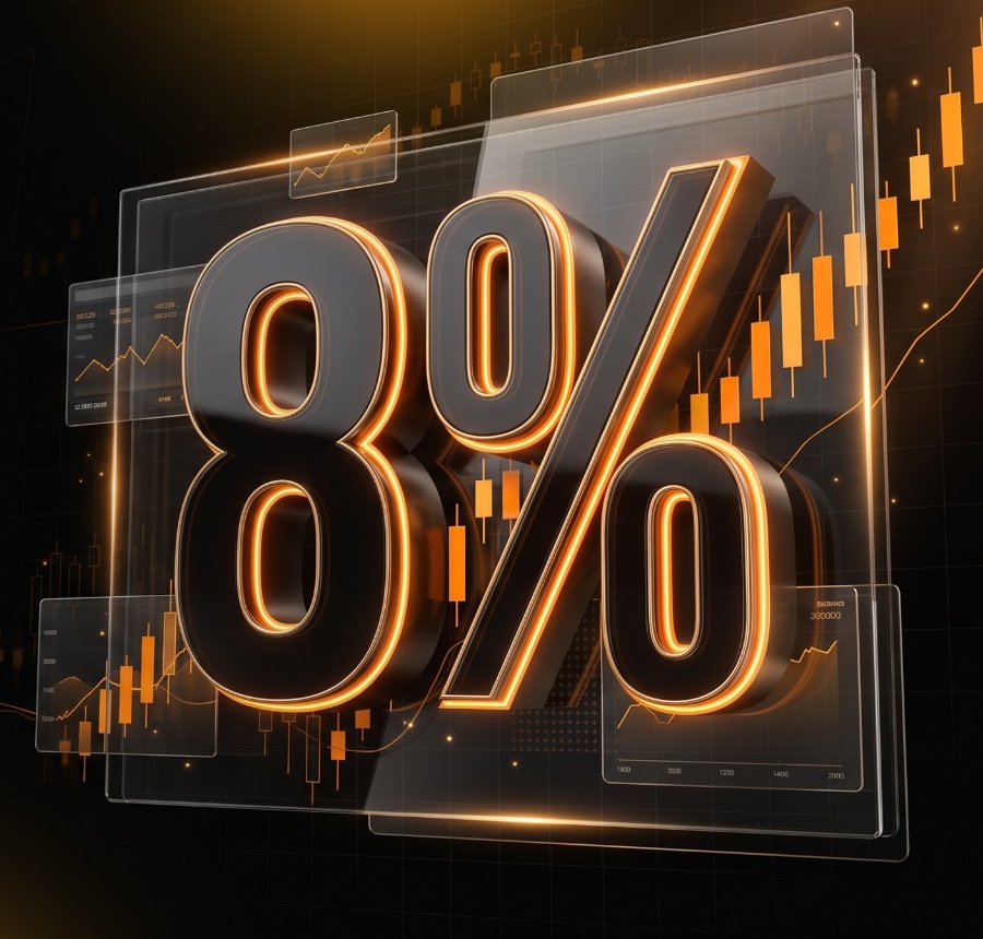 3D 8% figure with glowing orange edges over candlestick charts